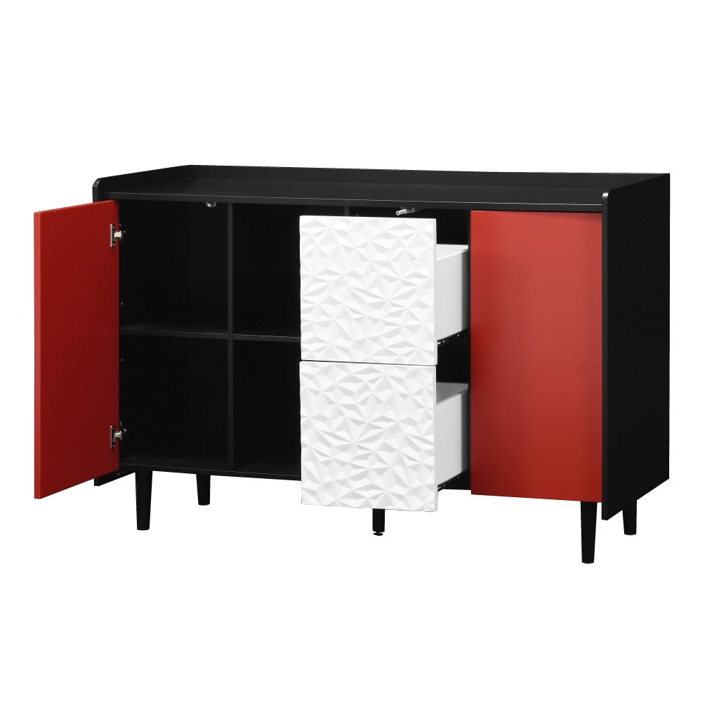 Credenza con 2 Cassetti e 2 Vani Aperti; Ante Rosse; Stile Moderno; in MDF; 120??40??80 cm; Nero