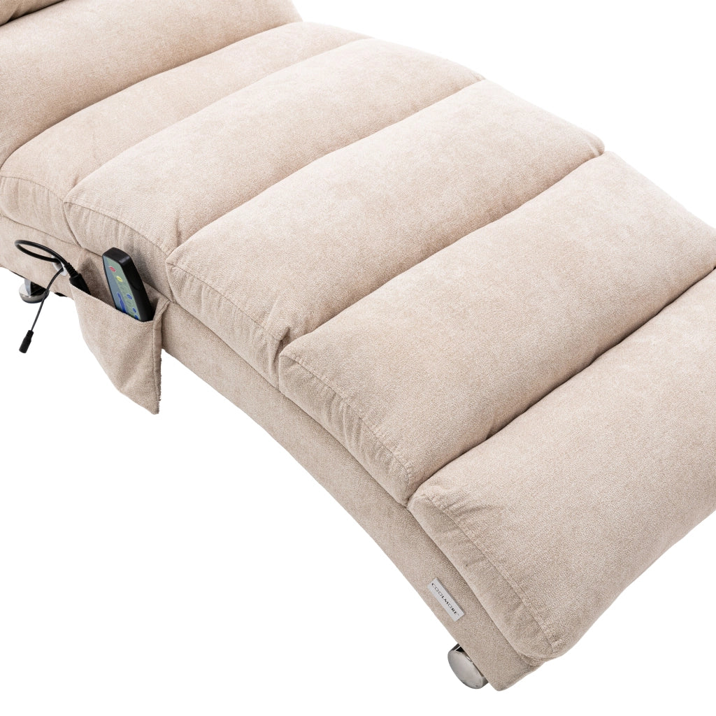 Chaise longue massaggiante 55x148x84 cm con supporto ergonomico e tasca laterale in lino beige