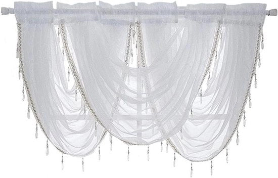 Gordino a cascata - Tessuto in lino - Sacchetto a stantuffa - Bianco - Volant - Accessori - Misura 145 x 94 cm - Adatto per soggiorno e camera da letto