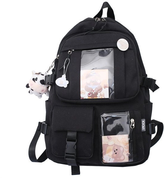 Borsa per bambina, nylon, badge-charm, nero, 44 x 31 x 14 cm