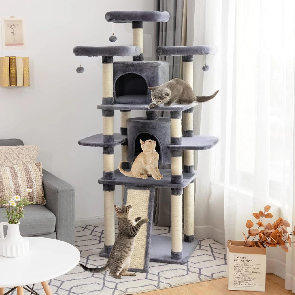 Tiragraffi per Gatti Adulti, Tiragraffi per Gatti con Cuccia, Piattaforma, Cuscini e Tiragraffi, Albero Tiragraffi per Gatti Grandi Alto in Legno, 60 x 50 x 170 cm