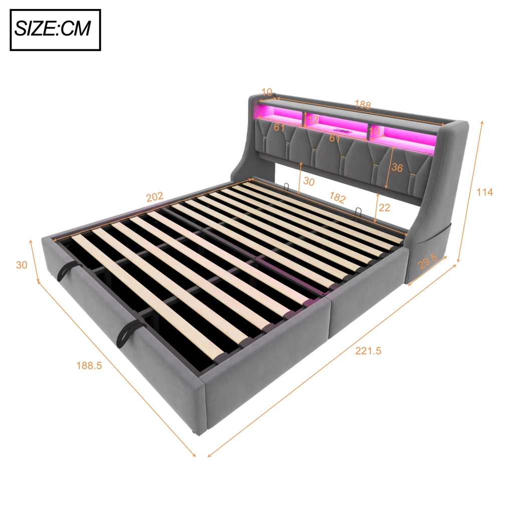 Letto matrimoniale imbottito 180x200 cm con testiera pieghevole, prese USB/Type-C, LED e contenitore idraulico