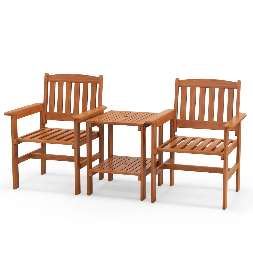 Set da tavolo e sedie per patio 3 pezzi, Set da seduta da esterno in legno con tavolo e foro per ombrellone 62,5x60x88cm-Set mobili da esterno