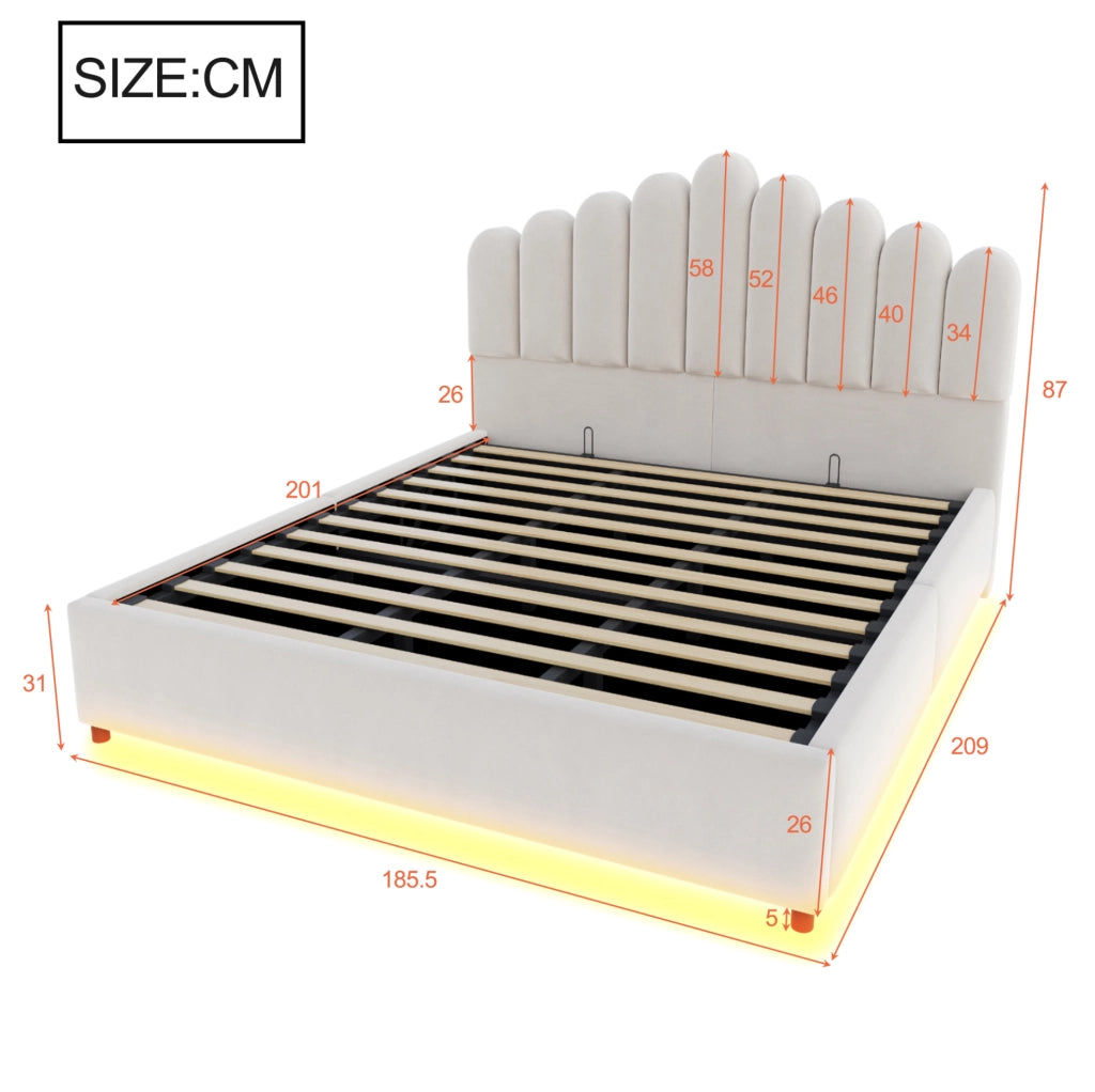 Letto imbottito 180x200 cm con contenitore idraulico; LED; velluto beige