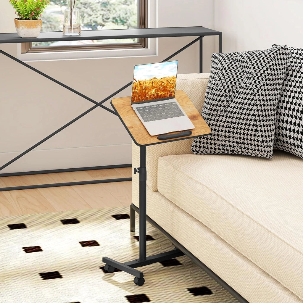 Tavolino Servitore con Altezza Regolabile, Ruote Bloccabili, Piano Girevole a 360° e Inclinabile con Fermo Bordo, Tavolino a Forma di C per Soggiorno, Camera da Letto e Studio (Naturale)