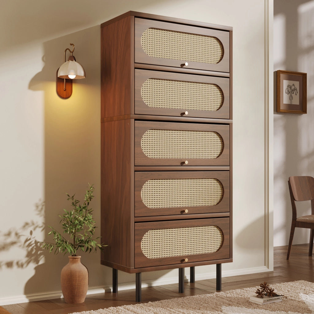 Credenza Alta con Ante a Ribalta ¨C MINIMAL ¨C Noce/Rattan, 80x40x163 cm