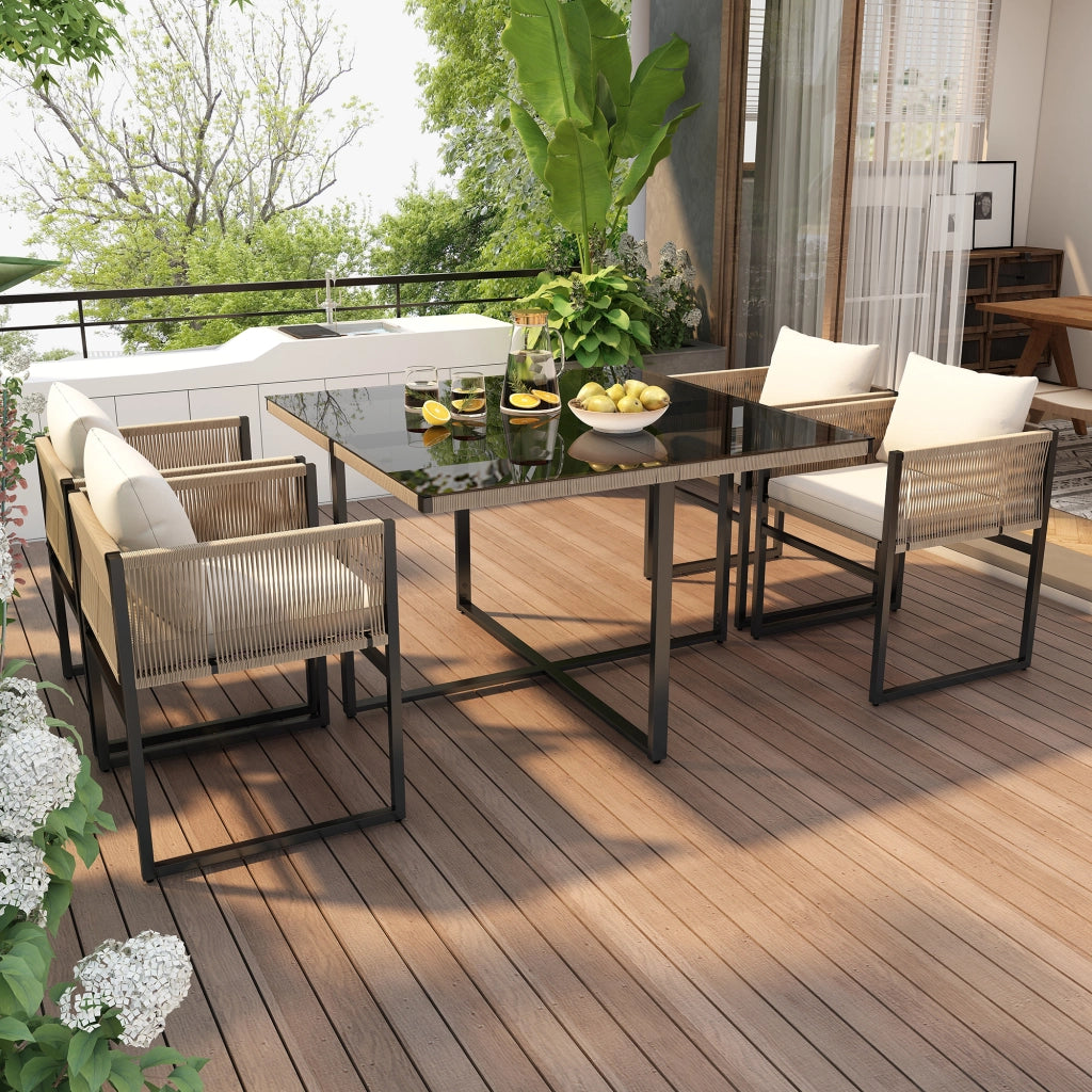 Set pranzo giardino 5 pezzi: tavolo pranzo + 4 sedie impilabili; ferro; vetro sicurezza; beige