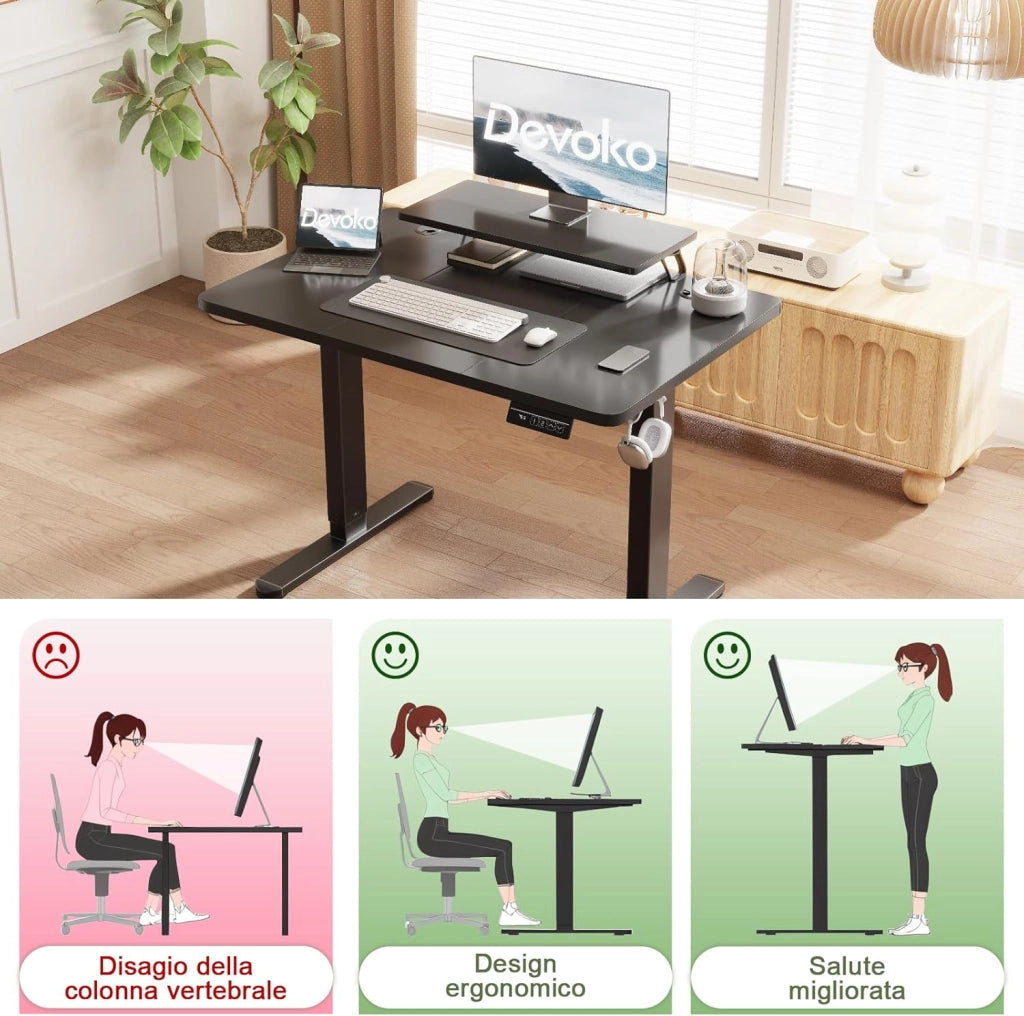 120 x 60 cm Scrivania Regolabile in Altezza con Supporto per Monitor, Regolabile con 2 Altezze di Memoria, Per Camera da Letto, Studio, Ufficio(Nero)