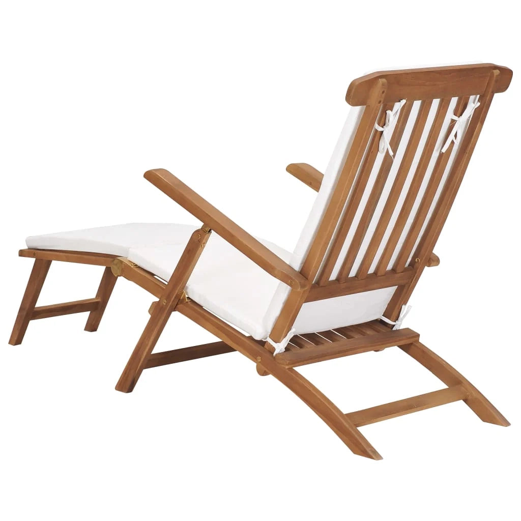 Lettino prendisole sedia a sdraio lettino prendisole letto da giardino mobili da esterno per patio con cuscino bianco crema legno massello di teak 02_0012304