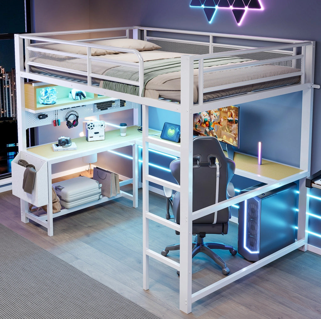 Letto a soppalco 140x200 cm con scrivania, LED e ricarica USB