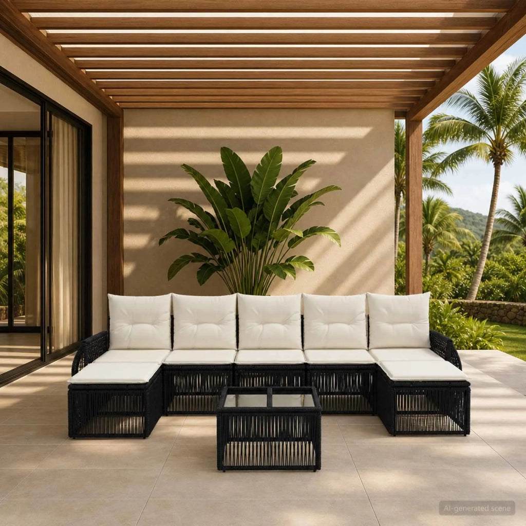 Set Divano da Giardino 8 pz Nero e Bianco Crema polyrattan 3435505