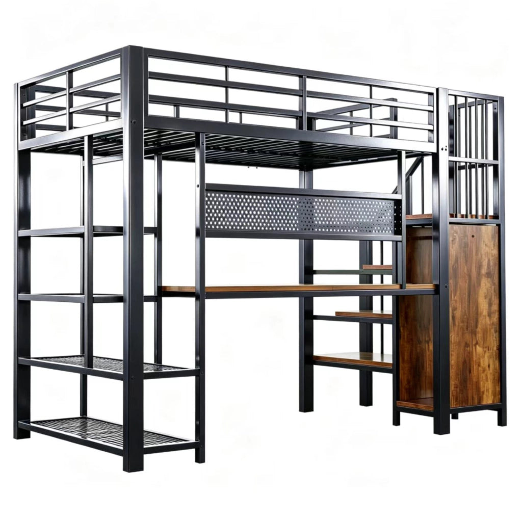 Letto a soppalco 90x200 cm con scala contenitore; LED e prese in metallo nero