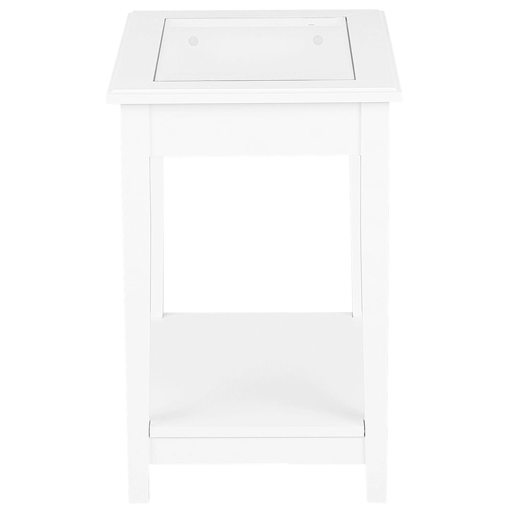 Tavolino in MDF bianco 60 x 57 x 40 cm con piano in vetro Comodino con un ripiano