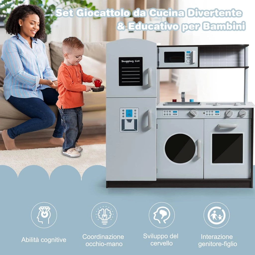 Cucina Giocattolo per Bambini con Frigorifero, Distributore d'acqua, Lavatrice, Forno, Microonde, Lavello e Rubinetto, Funzione Luci e Suoni, 3+ Anni