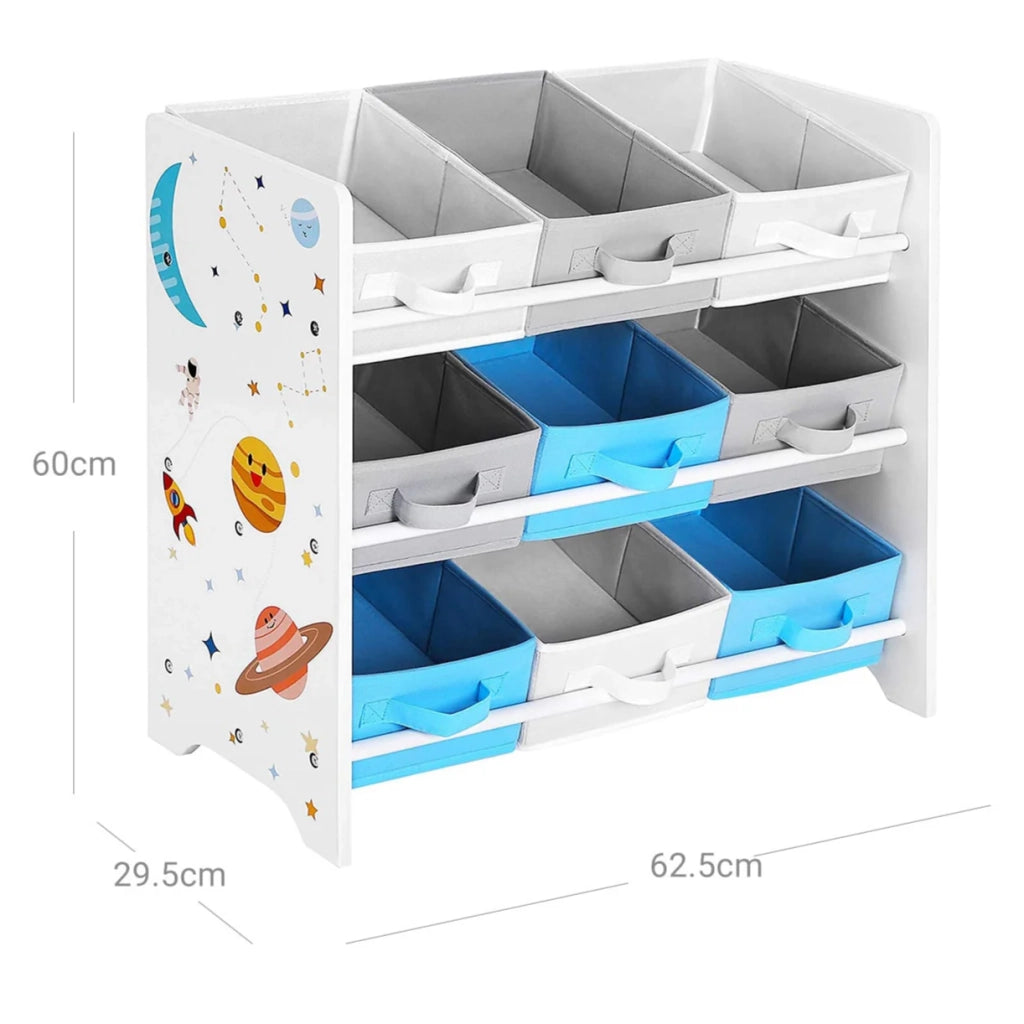 Scaffale portaoggetti per bambini per giocattoli e libri 9 contenitori rimovibili tessuto non tessuto per cameretta sala giochi asilo nido scuola 625 x 295 x 60 cm motivo a spazio bianco 12_0005721