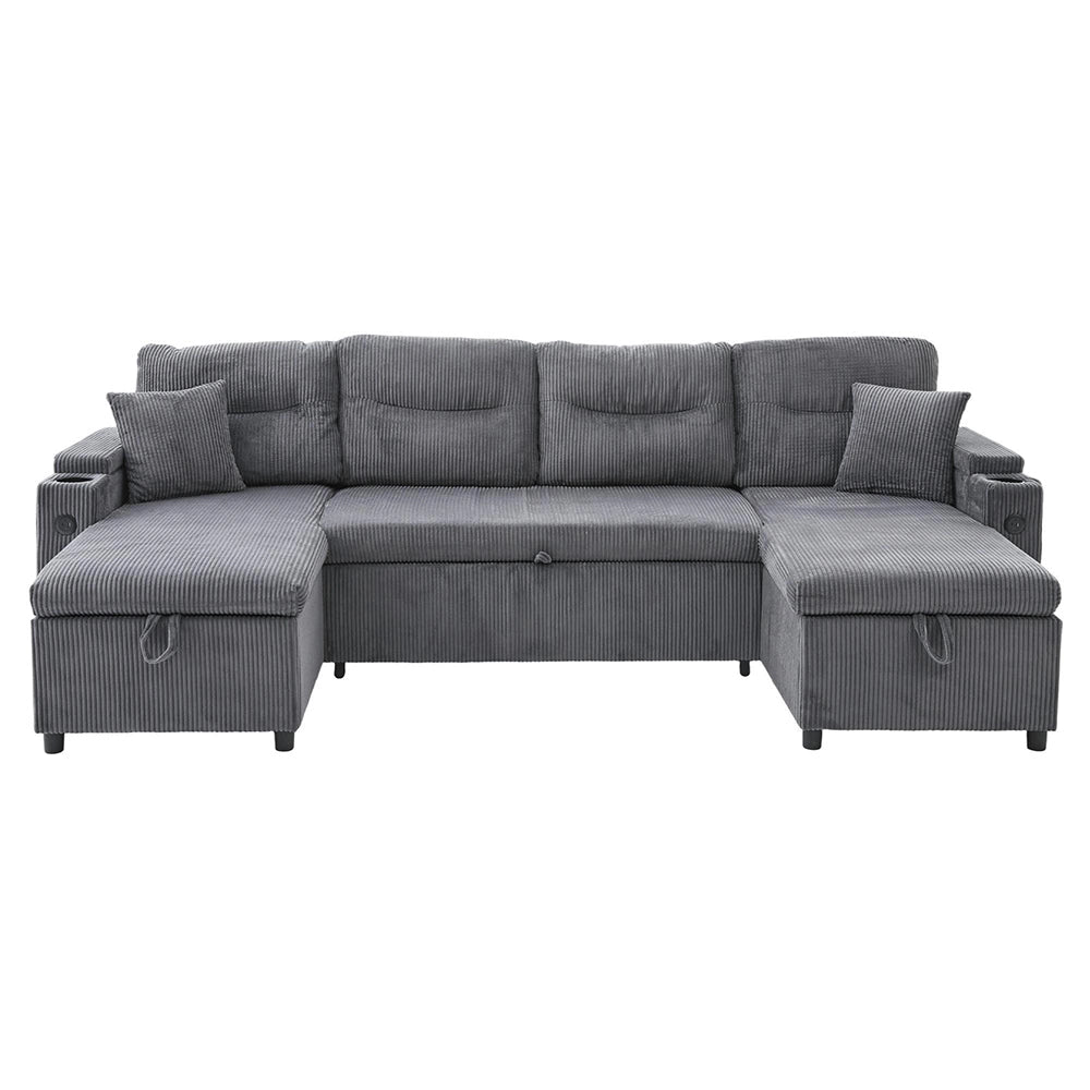 Divano moderno in velluto per 4 persone - Xylo - Con chaise longue, spazio di archiviazione, porta bevande, porte USB e funzione letto