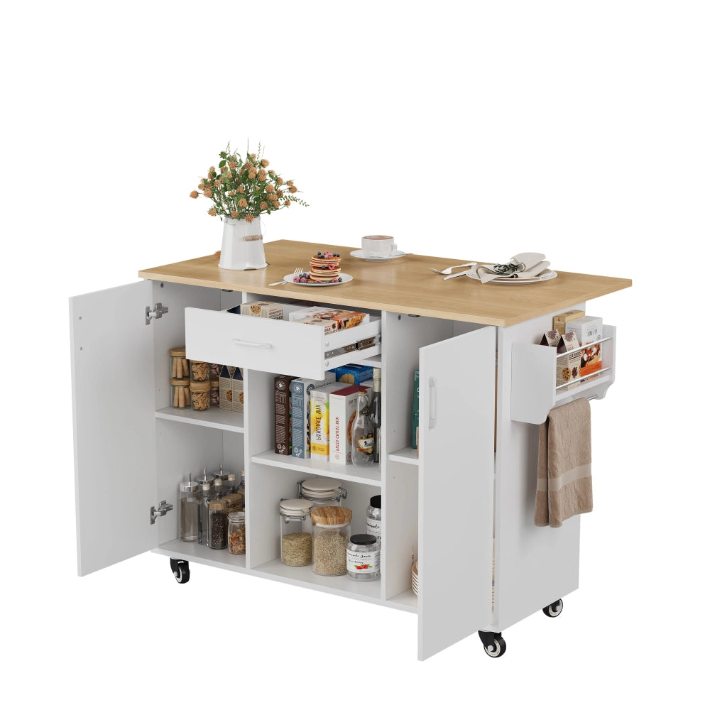 Isola da Cucina con Piano Pieghevole e Cassetto ¨C MINIMAL ¨C Bianco/Rovere, 92,9x120x43,5cm