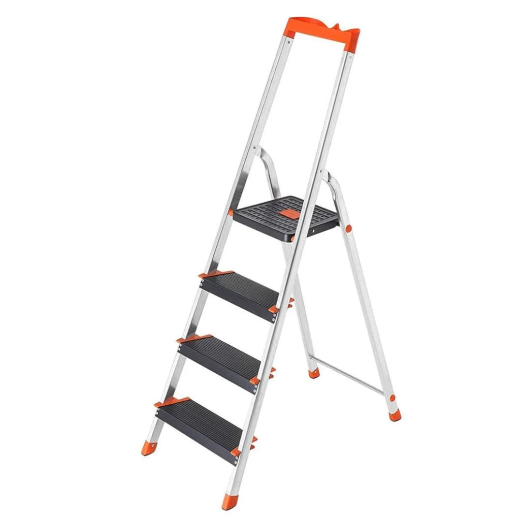 Scala a pioli in alluminio a 4 gradini larghezza gradini 12 cm pieghevole con vassoio portautensili piedini antiscivolo portata 150 kg nera 12_0001919