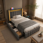 Letto singolo 90x200 cm con LED; USB e USB-C; 2 cassetti in lino grigio