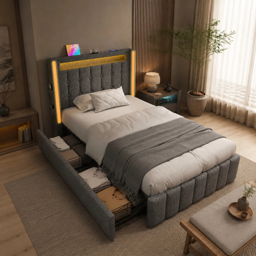 Letto singolo 90x200 cm con LED; USB e USB-C; 2 cassetti in lino grigio