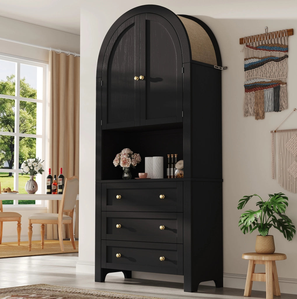 Credenza alta 70x35x180 cm con 3 cassetti; vano aperto e dettagli in metallo in MDF nera