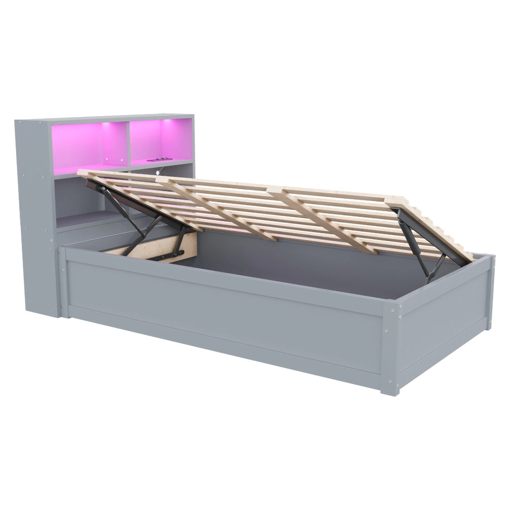 Letto 90x200 cm con presa multifunzione; LED e vani portaoggetti in legno grigio