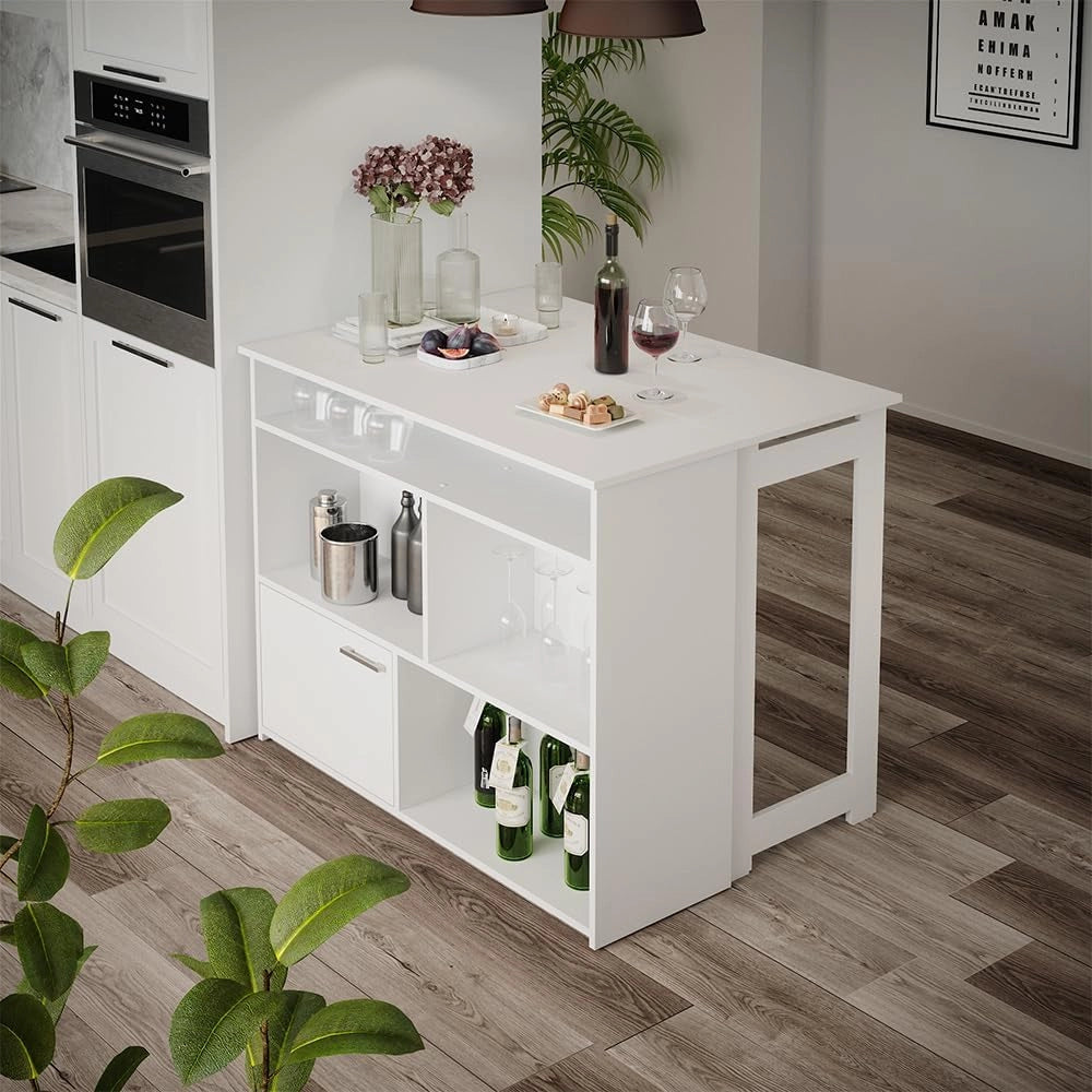 Tavolo bar alto Dominic, Bianco, 116 x 37 cm 4x scomparti aperti e 1x porta, piano del tavolo pieghevole per un utilizzo flessibile in spazi ridotti