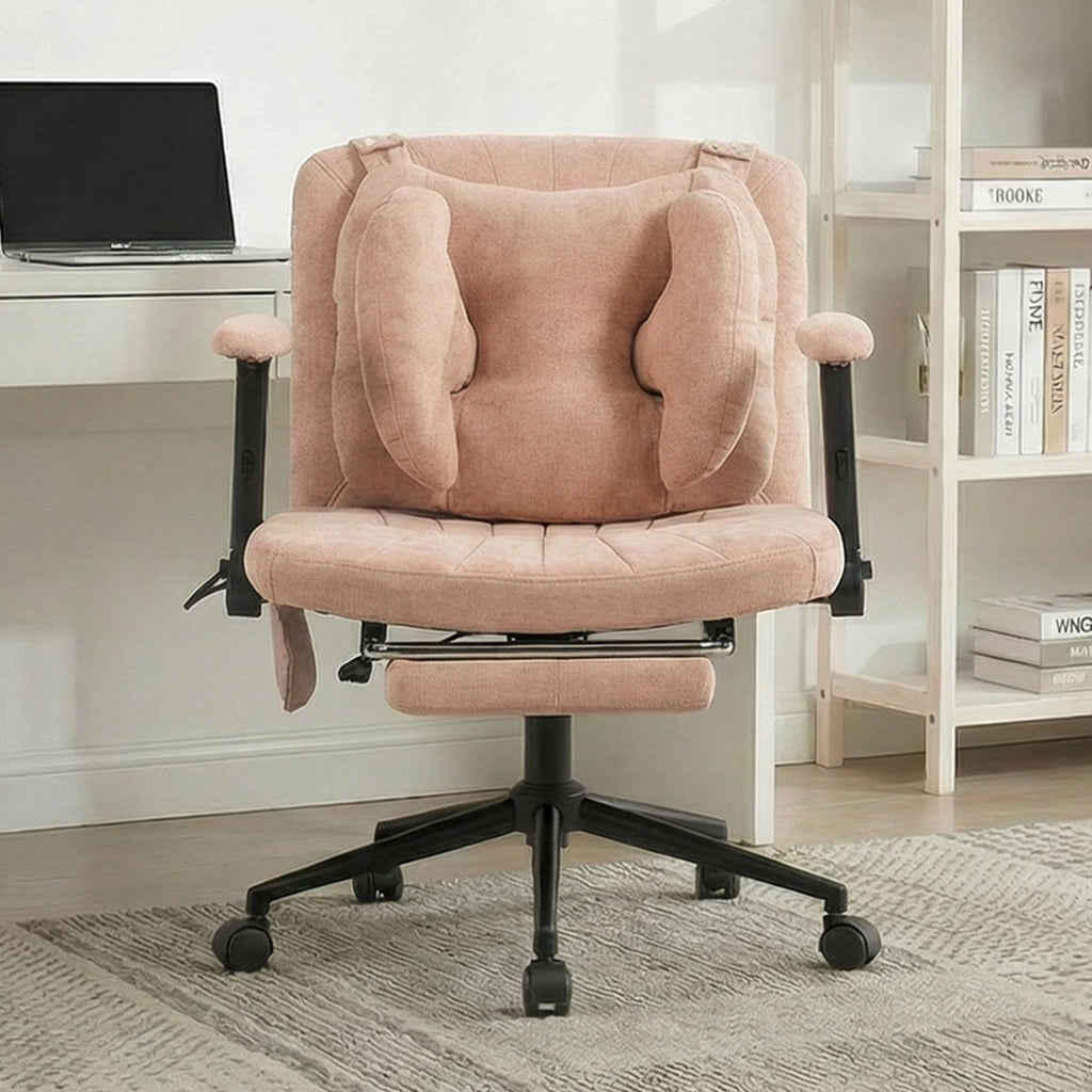 Chaise de bureau girevole in tessuto con supporto lombare gonfiabile seduta ampia base stabile e ruote silenziose rosa