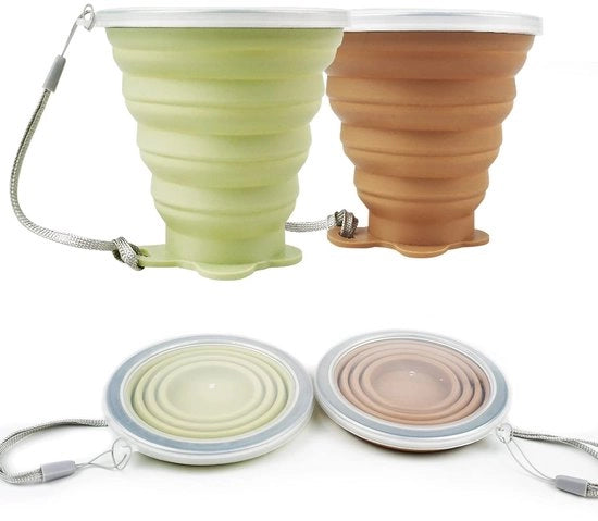Bicchieri Opvoluti - 2 Pack - Bicchieri in Silicone - Portatili e Riciclabili - Camping/Outdoor - Coperchio Ermetico - Manico in Acciaio Inossidabile - Fumatori in Viaggio