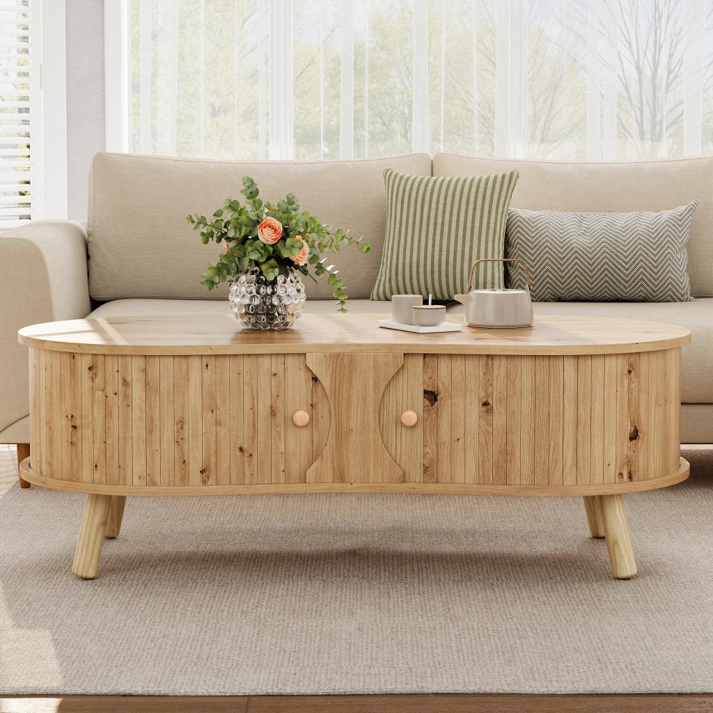 Tavolino da Salotto a Forma di Pisello con 2 Ante Scorrevoli ¨C MINIMAL ¨C MDF, Gambe in Legno Massello