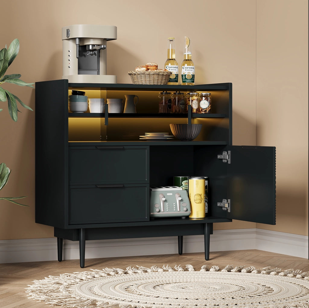 Credenza contenitore 80 cm in MDF nero con anta in vetro e LED