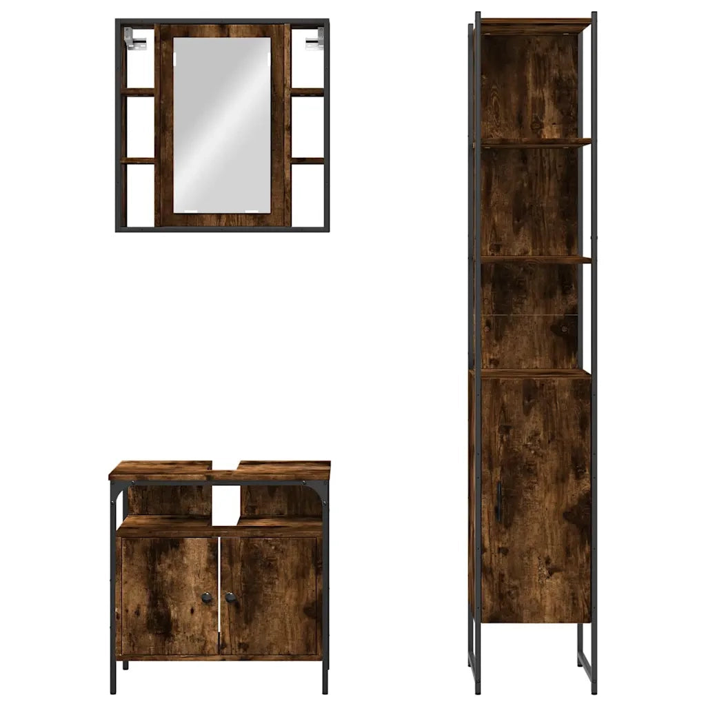 Set Mobili da Bagno | Armadio da bagno 3 pz Rovere Fumo in Legno Multistrato