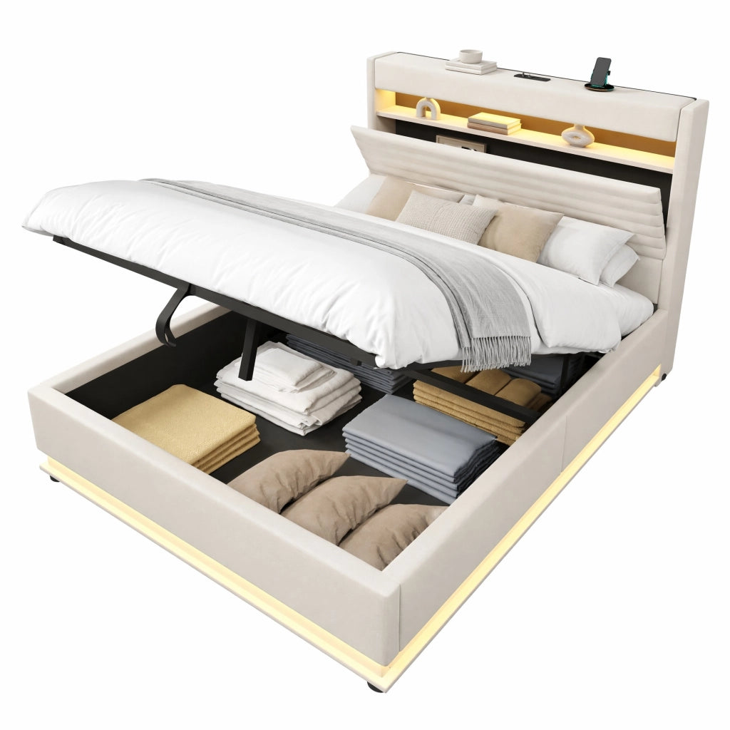 Letto imbottito con contenitore 140x200 cm in lino beige; LED e ricarica USB Type-C