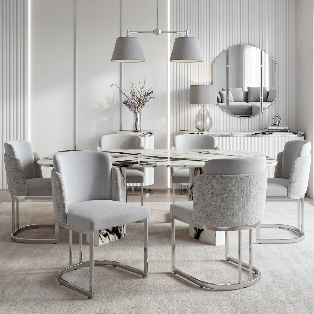 2 sedie da pranzo moderne in chenille grigio e metallo galvanizzato, con doppio schienale, seduta confortevole e struttura robusta