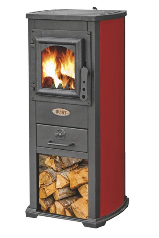 Stufa a legna con vano portalegna blist berna lux potenza termica 7 kw 120 m3 colore rosso