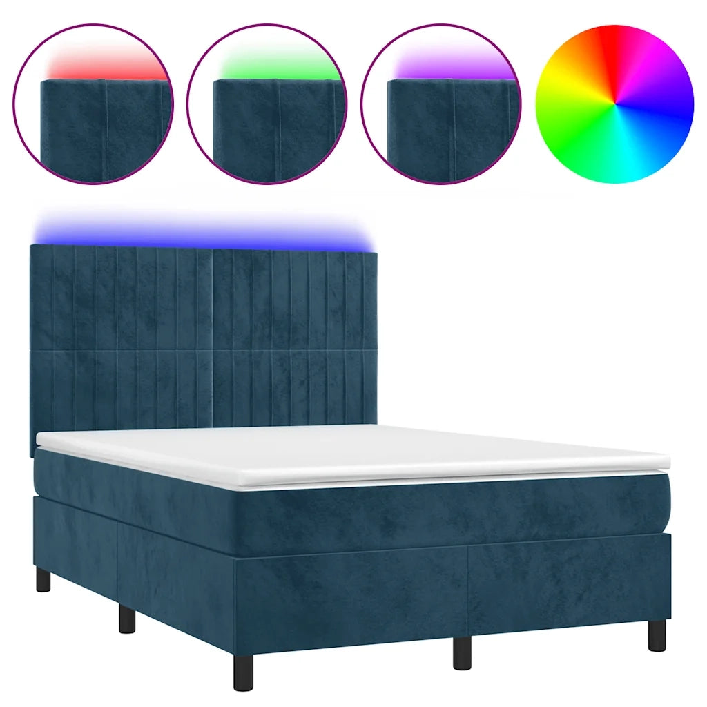 Letto a Molle con Materasso e LED Blu Scuro 140x200 cm