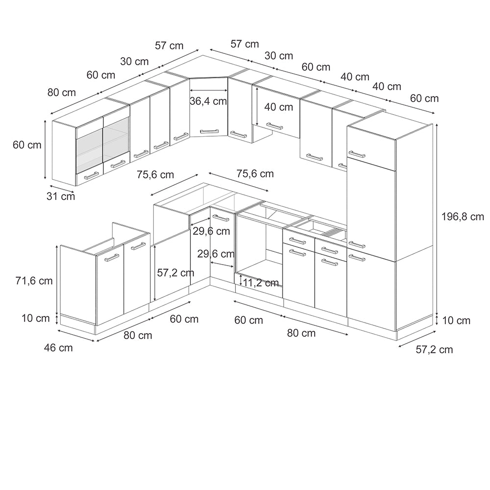 Cucina angolare completa R-Line Calcestruzzo/Antracite 287 x 227 cm senza piano di lavoro Vicco