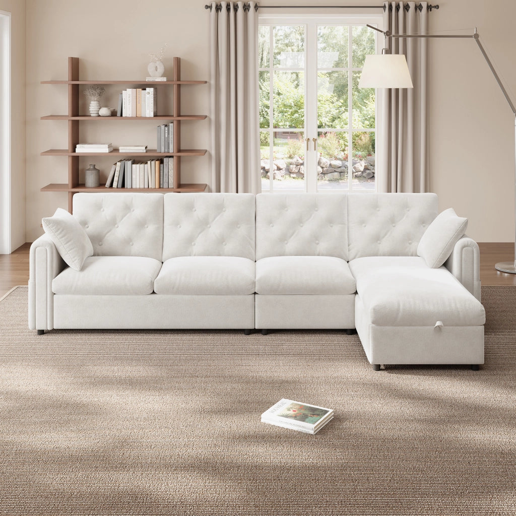 Divano angolare letto con contenitore e tasche laterali in velluto beige