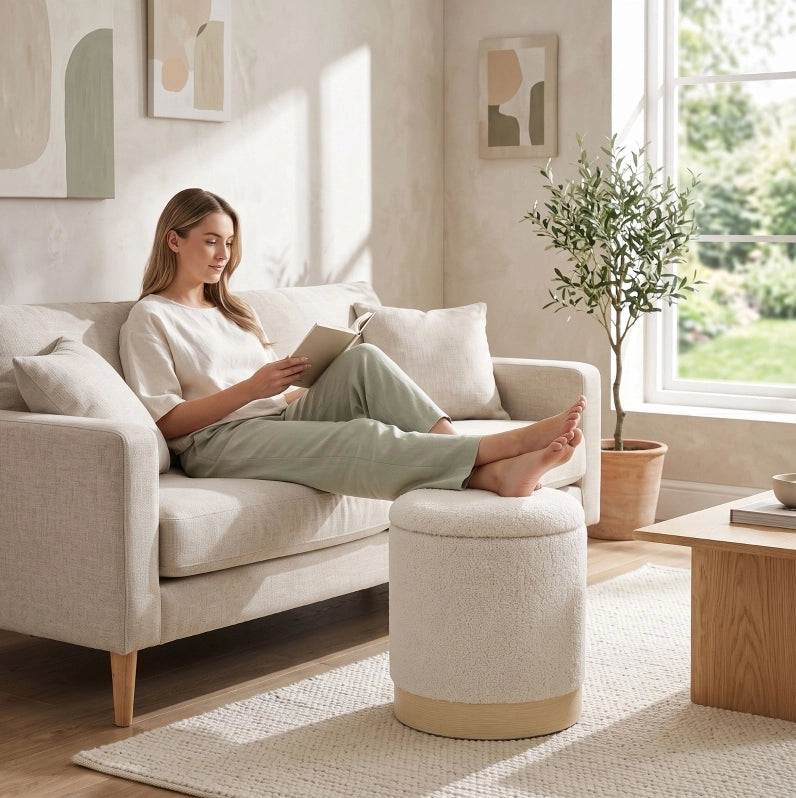 Pouf contenitore rotondo 38x38x45 cm crema in poliestere, seduta 3 in 1 -