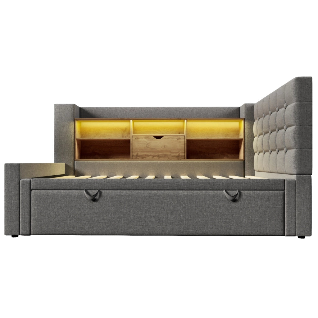 Letto estraibile 90x200 cm con secondo letto 90x190 cm; LED e porte USB; tessuto grigio