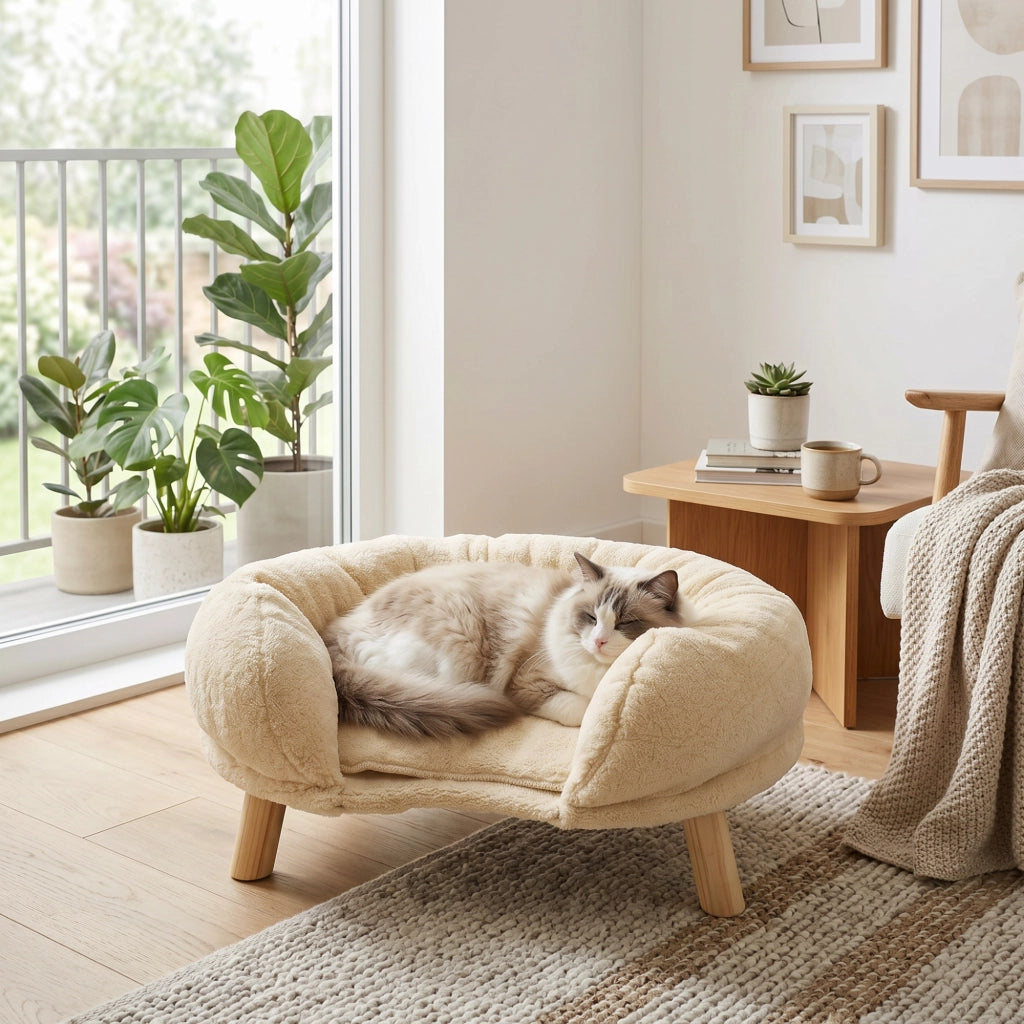 Sofa per Gatti 50×40×24 cm Beige con Bordo Avvolgente; Fondo Antiscivolo e Struttura Confortevole