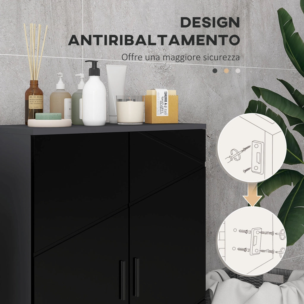 Mobiletto Bagno 2 Ante in Legno con 3 Ripiani e Chiusura Ammortizzata, 60x30x82cm, Nero Lucido