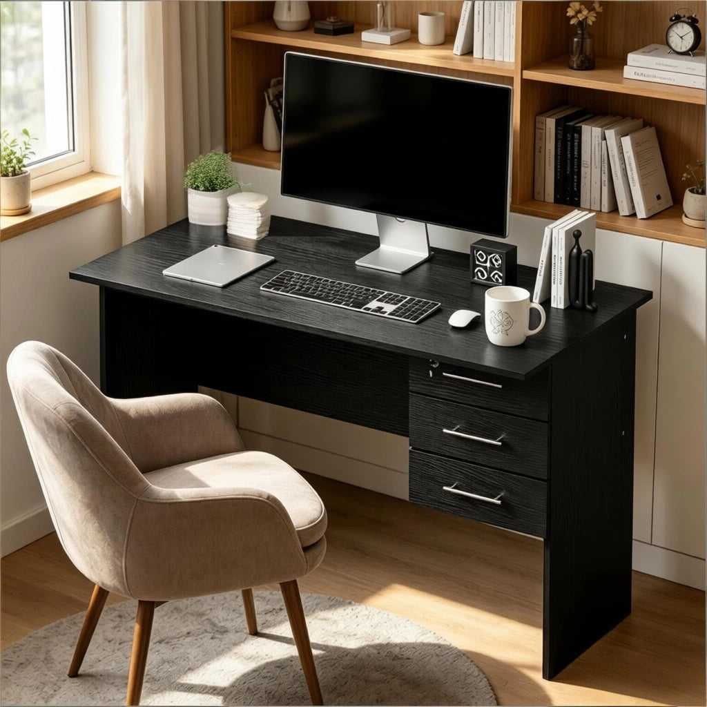 Scrivania lineare con 3 cassetti, serratura e guide silenziose, per ufficio e studio, in legno nero, 120 × 60 × 75 cm