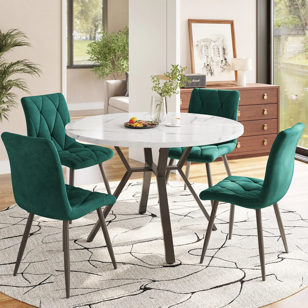 Tavolo da pranzo rotondo con 4 sedie in MDF con finitura effetto marmo, base in metallo nero, per sala da pranzo