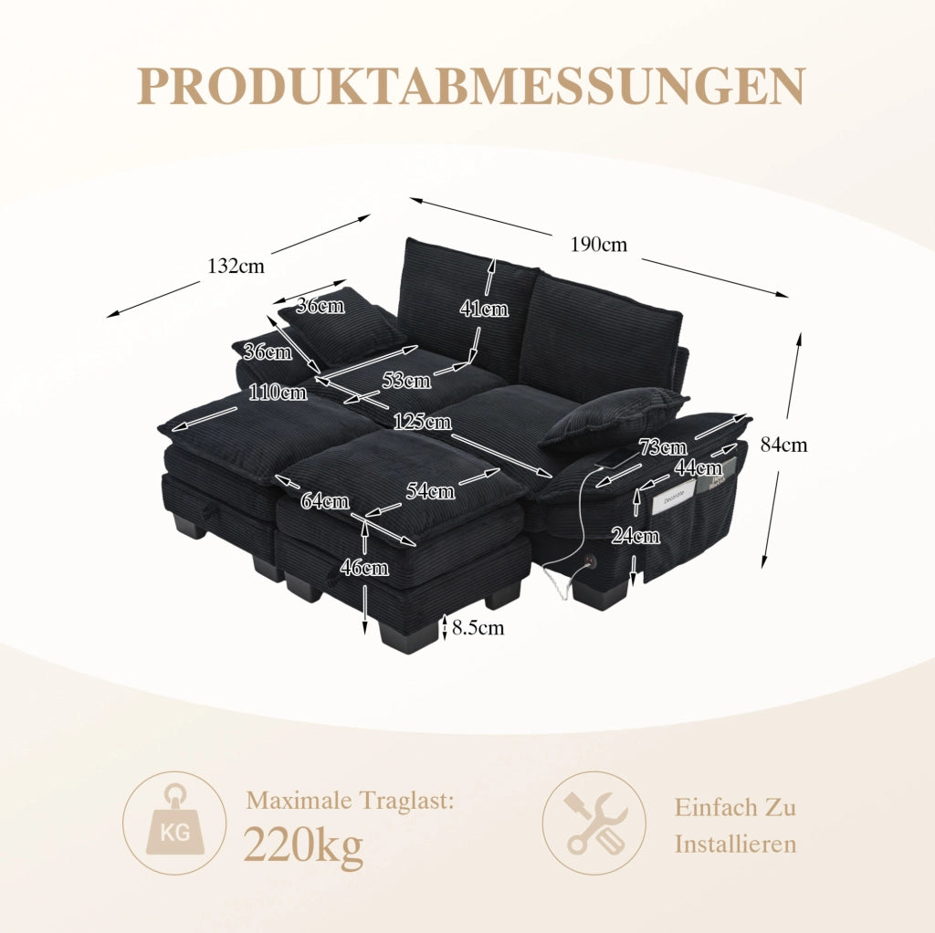 Divano modulare 2 posti in corduroy nero con 2 pouf; USB-C e tasche laterali 190x132x84 cm