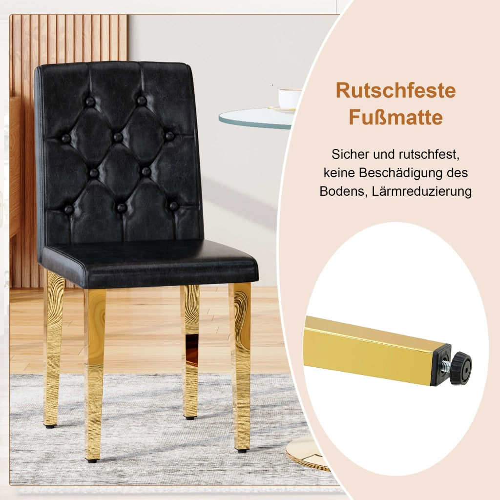 Tavolo da pranzo con 4 sedie in vetro temperato e metallo, nero e oro, diametro 85 cm, altezza 76 cm