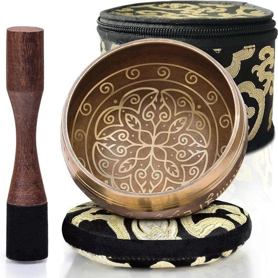 Set di campane tibetane per la guarigione olistica e la riduzione dello stress - facile da suonare - crea un bel suono per la meditazione e la rilassamento - Pattern di armonia cosmica - Ciotola dorata con fondo nero