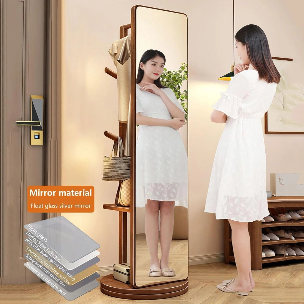 Specchio a Figura Intera con attaccapanni Specchio da Pavimento in Legno Girevole a 360° per Camera da Letto e Soggiorno