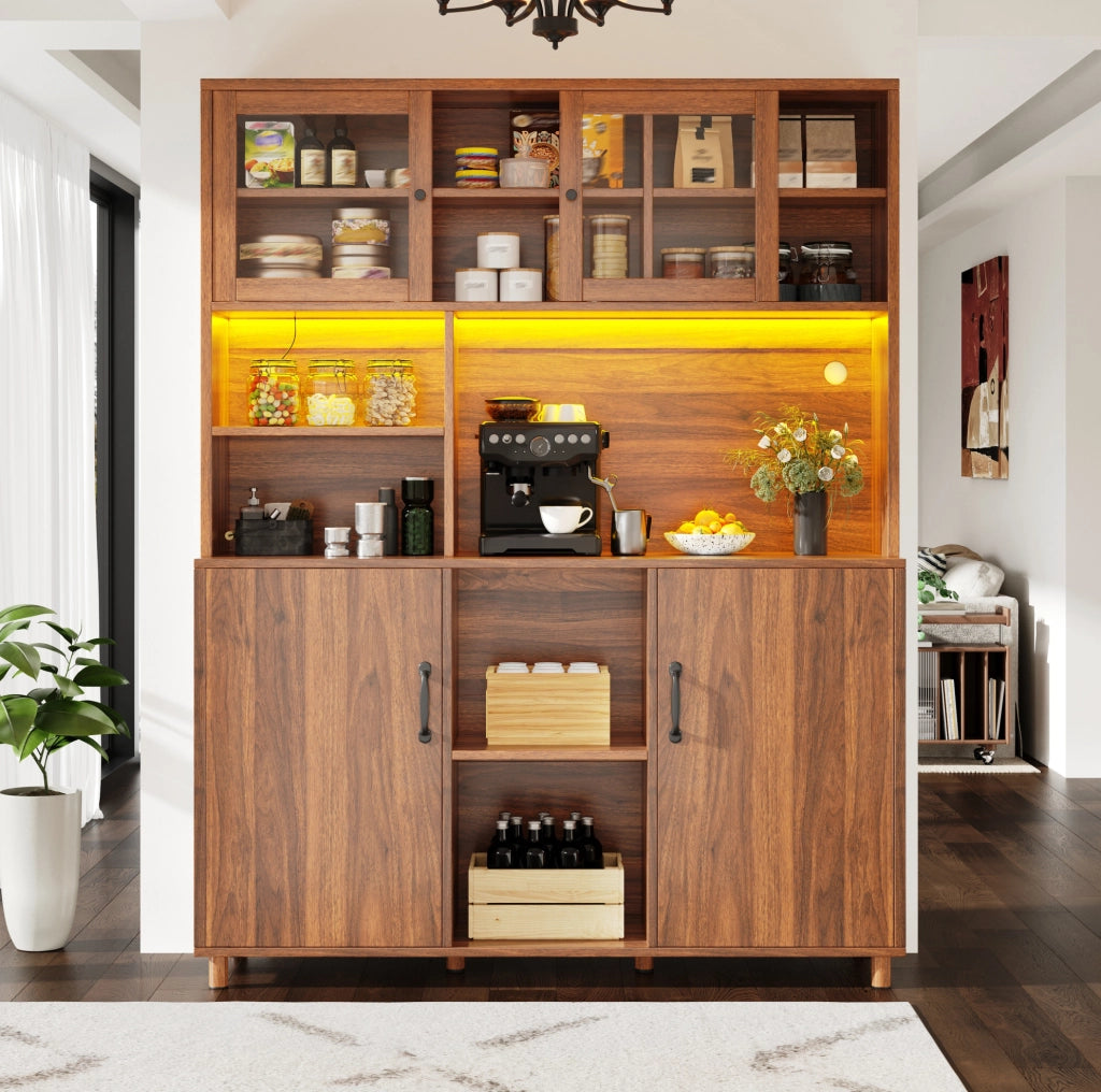 Credenza alta 140x40x185 cm con luci LED e ante scorrevoli in vetro; MDF; marrone noce