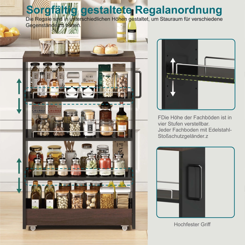 Carrello contenitore con 4 ripiani regolabili; 4 ruote; per cucina e bagno; 55 × 20 × 85 cm
